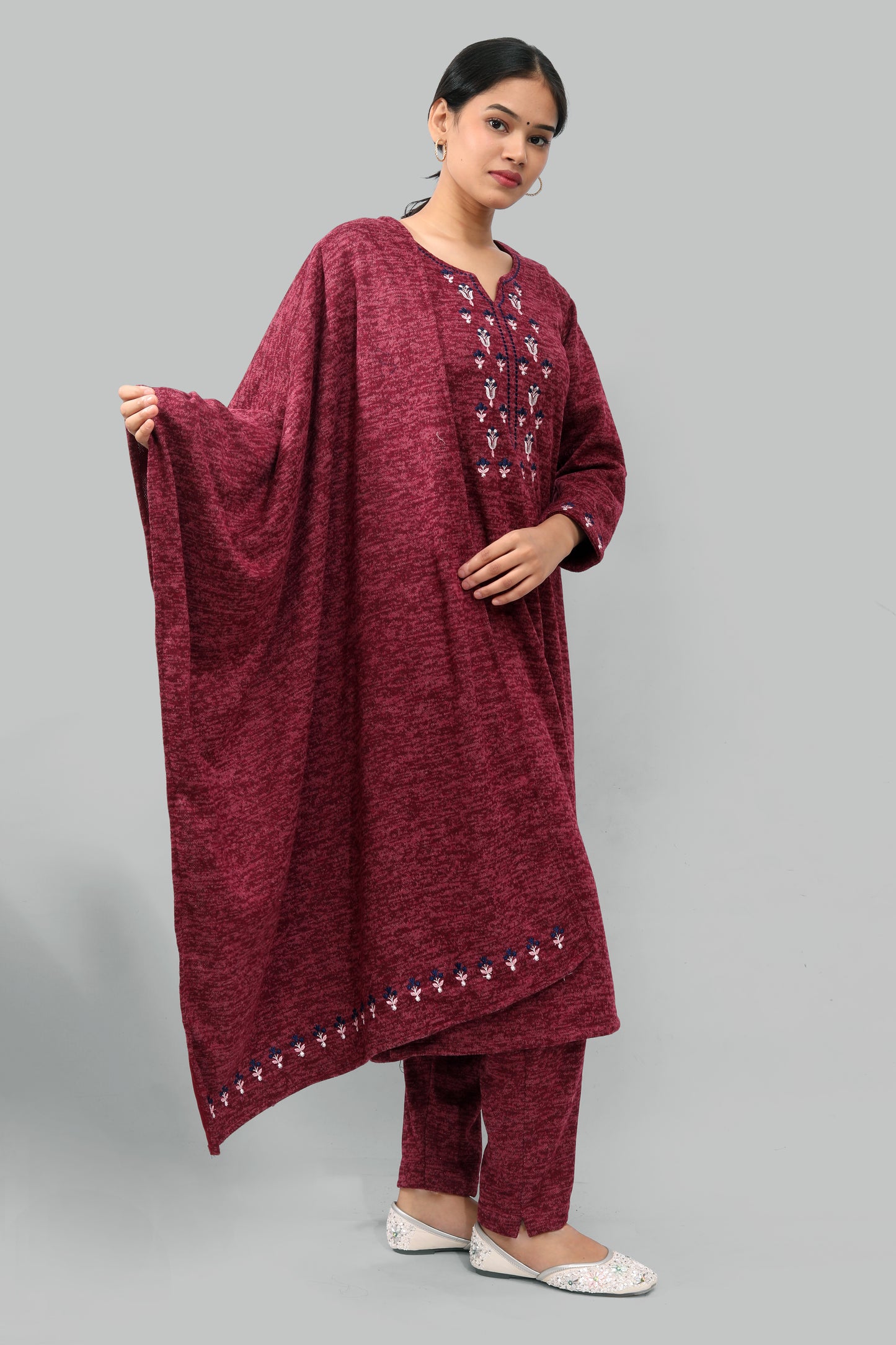 Ada Fashions Maroon Karachi Embroidery Pant Set With Stole