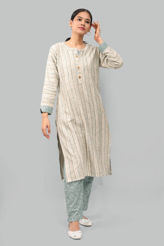 Ada Fashions Green Lined Woolen Kurti With Green Shaded Pant