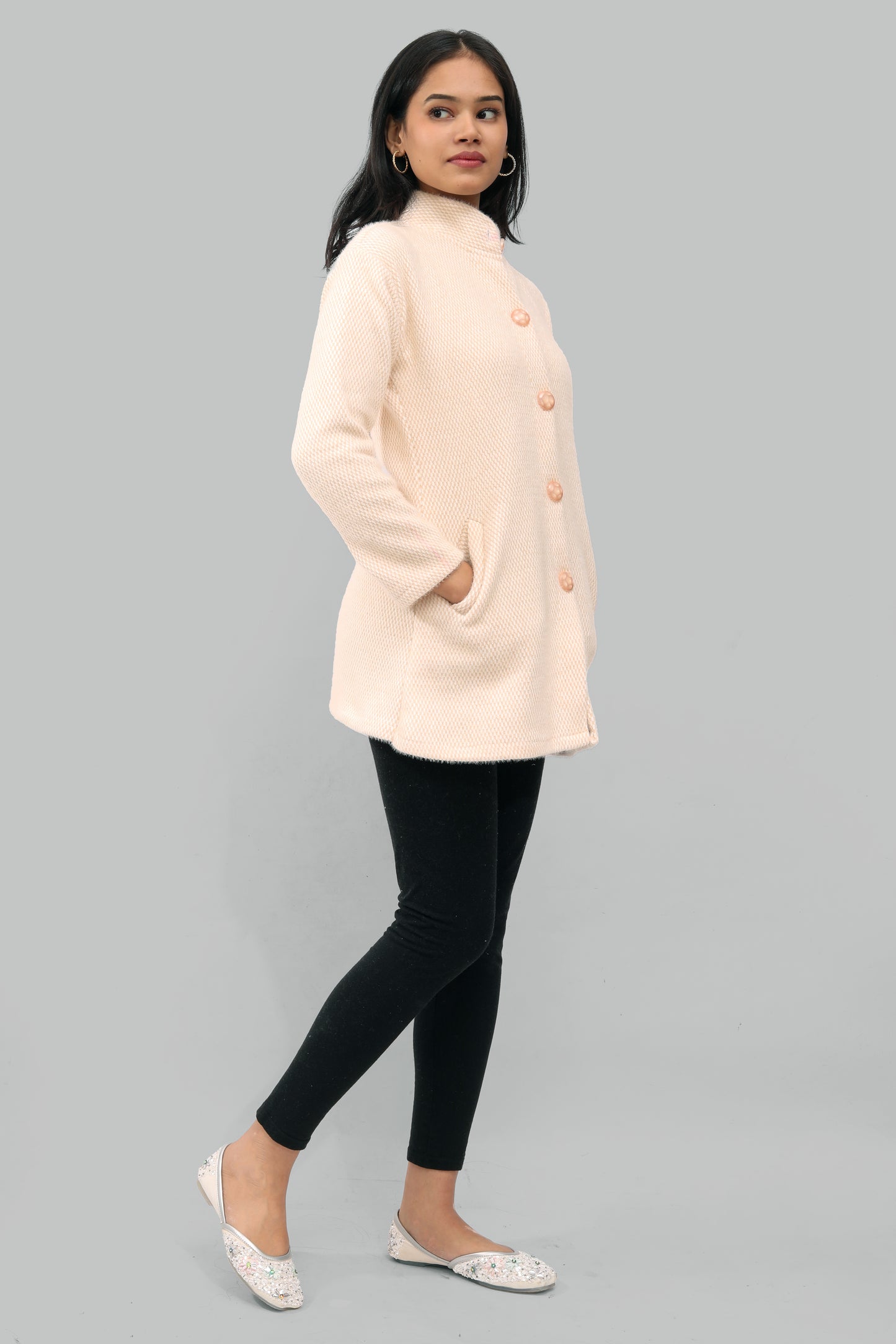 Ada Fashions Skin and White Wool Coat With Side Pocket