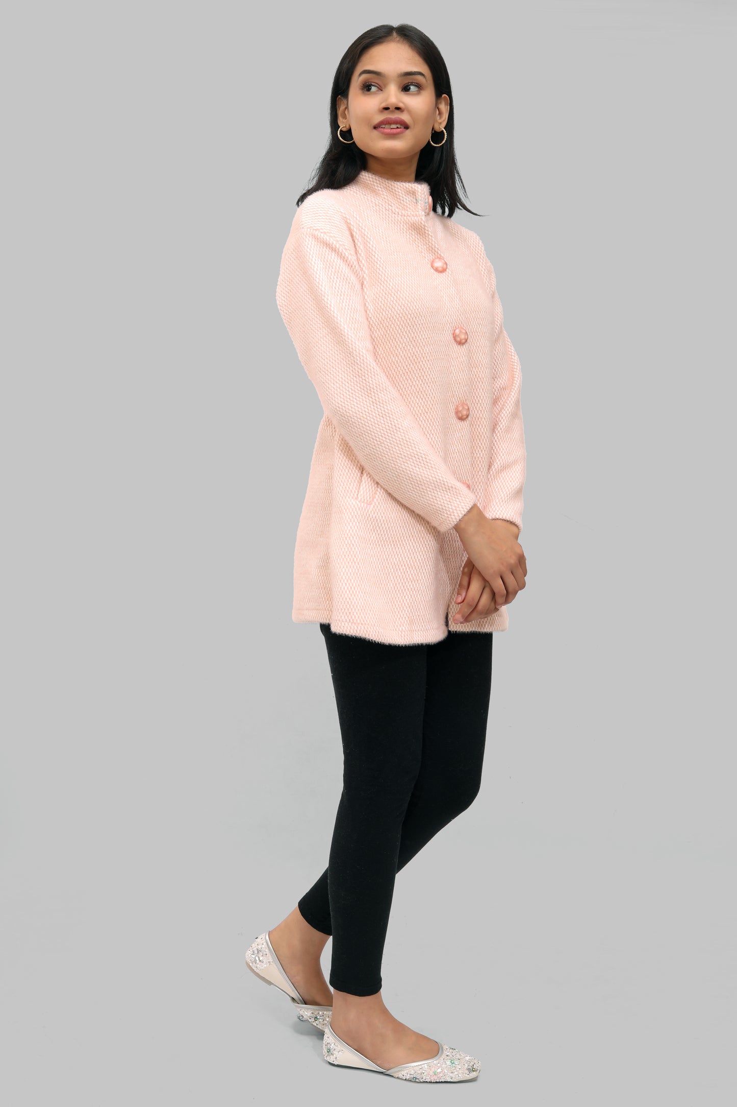 Ada Fashions Light Peach and White Wool Coat With Side Pocket