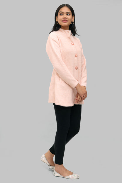 Ada Fashions Light Peach and White Wool Coat With Side Pocket