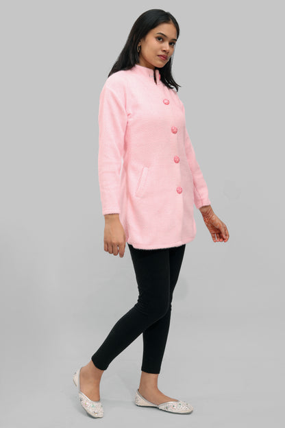 Ada Fashions Pink and White Wool Coat With Side Pocket