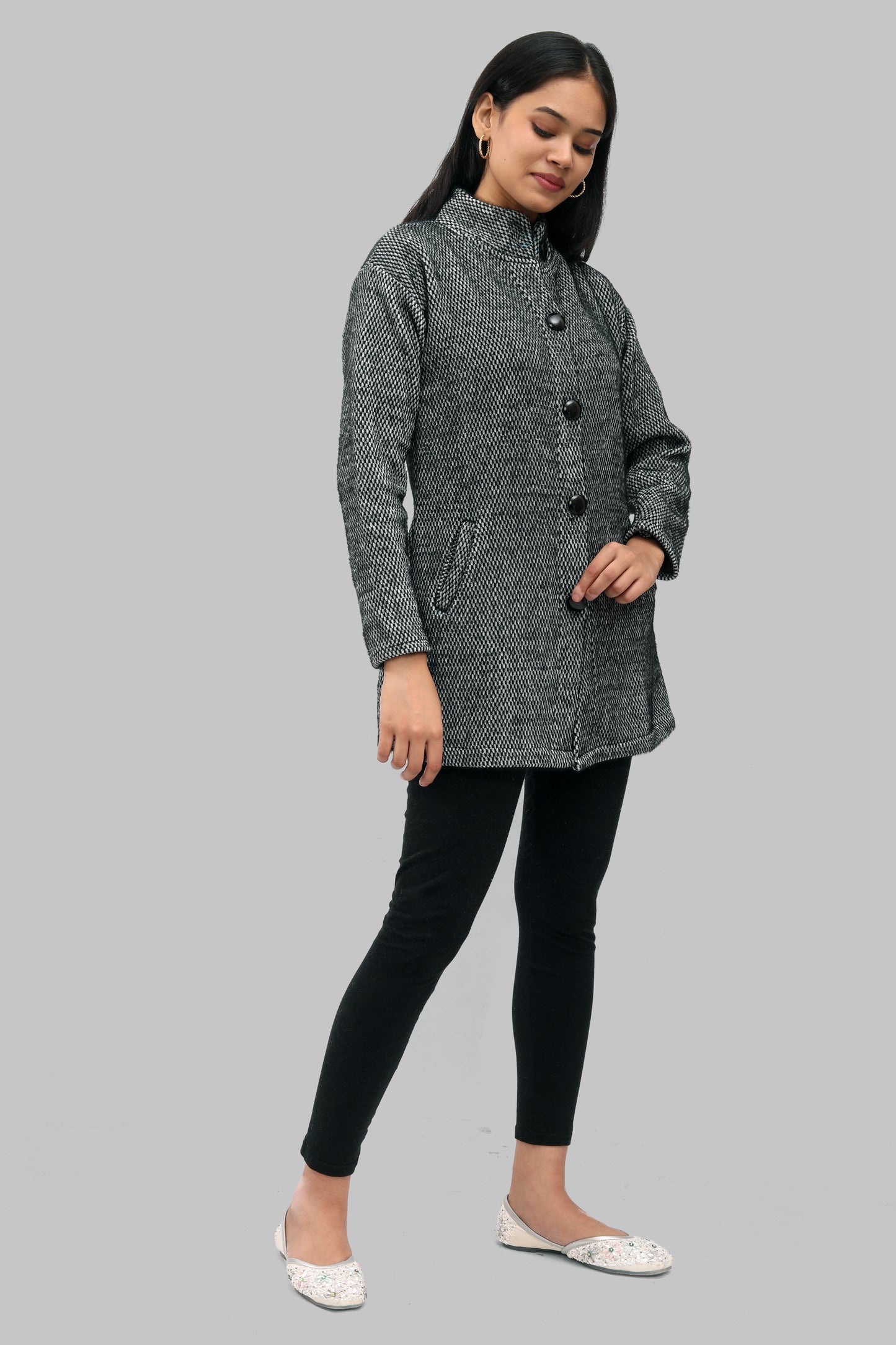 Ada Fashions Black and White Wool Coat With Side Pocket