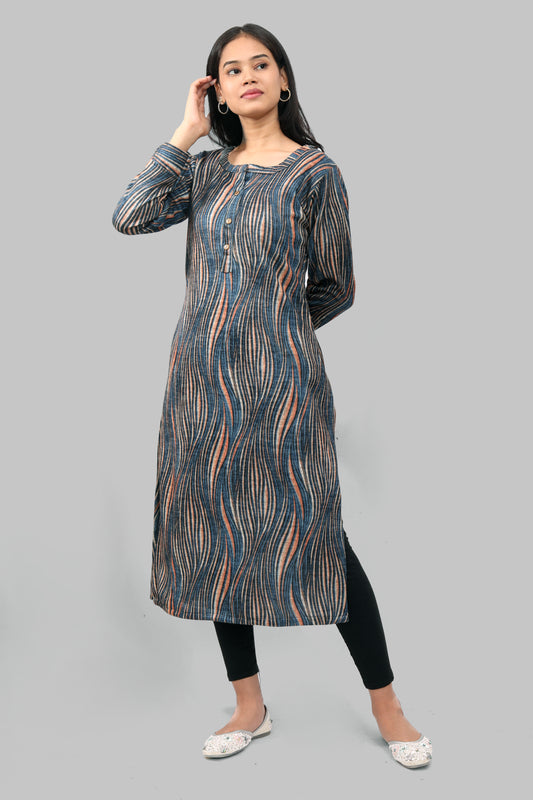 Ada Fashions Blue Karachi Printed With Curved Lines Woolen Kurti