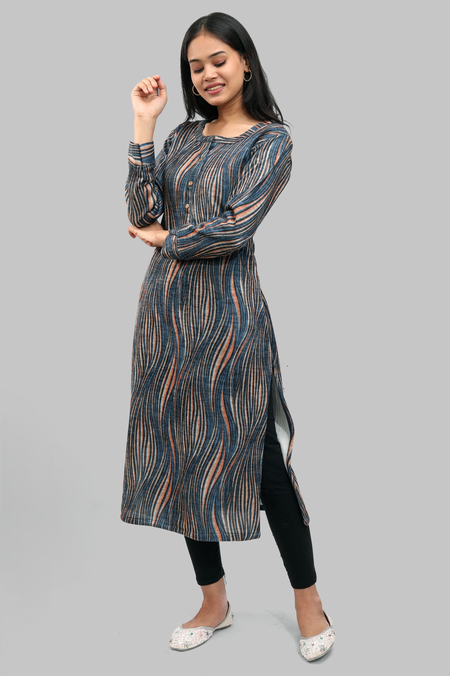 Ada Fashions Blue Karachi Printed With Curved Lines Woolen Kurti